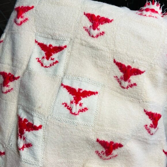 Vintage Wool Throw Blanket Red Patriotic Eagles Fringed 44 x 38  RARE u - Picture 4 of 8